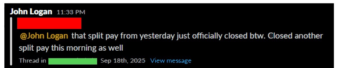 Carter LinkedIn proof screenshot for a split-pay deal closed the next morning
