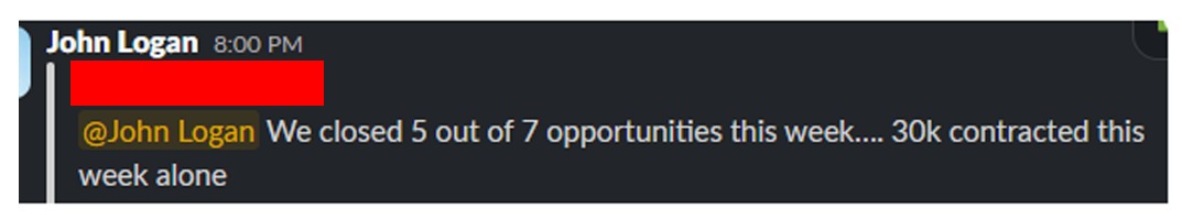 Connor LinkedIn proof screenshot for five of seven and $30K in one week