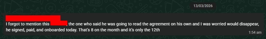 Matt WhatsApp proof screenshot for signed, paid, and onboarded by the 12th